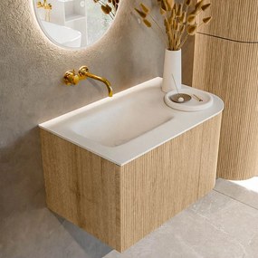 Mondiaz Kurve 75cm badmeubel ronding rechts oak met 1 lade en deur en wastafel grunne links zonder kraangat