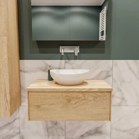 Lush onderkast met topblad 80cm in kleur WASHED OAK met 1 lades Push tot open  geschikt voor gecentreerde wastafel. Met ovale keramische opzetkom met 0 kraangat(en) in het topblad