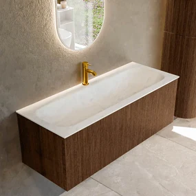Mondiaz Kurve-dlux 120cm badmeubel walnut met 1 lade en wastafel big large midden 1 kraangat opalo