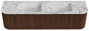 Mondiaz Kurve-dlux 170cm badmeubel ronding links/rechts walnut met 1 lade en 2 deuren en wastafel leaf dubbel zonder kraangat glace