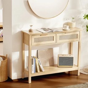 VEVOR rotan consoletafel met 2 lades, rotan haltafel met natuurlijke rotan schuifdeur, consoletafel voor woonkamer, studeerkamer, hal of tv-wand, natuurlijk
