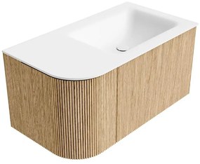 Mondiaz Kurve 85cm badmeubel ronding links oak met 1 lade en deur en wastafel cloud kraangat rechts