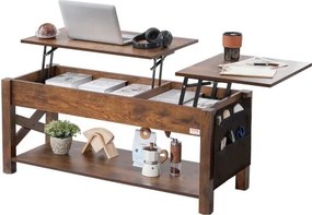 VEVOR salontafel met opklapbaar blad, rechthoekige salontafel van 120 cm met extra opbergvakken, opvouwbare salontafel voor de woonkamer, bruin