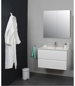 Basic Line Bella Badkamermeubelset - 80x55x46cm - 1 wasbak - Keramiek - Wit - 1 kraangat - Spiegelkast zonder verlichting - Melamine Wit hoogglans SWGA80HWP1SPK