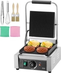 VEVOR Commerciële Panini Grill, 1800W Elektrische Sandwich Panini Maker, RVS Sandwich Pers Grill, Panini Grill met Temperatuurregeling en 23 x 23 cm Platte Emaille Plaat