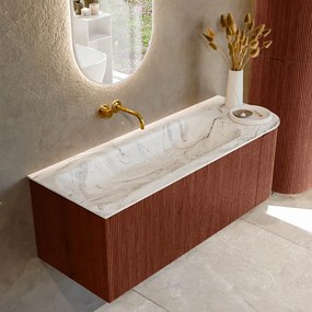 Mondiaz Kurve-dlux 125cm badmeubel ronding rechts ruby met 1 lade en deur en wastafel big medium links zonder kraangat glace