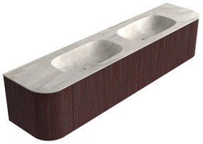 Mondiaz Kurve-dlux 200cm badmeubel ronding links/rechts ruby met 2 lades en deuren en wastafel stor small dubbel zonder kraangat ostra