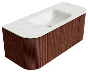 Mondiaz Kurve-dlux 110cm badmeubel ronding links/rechts ruby met 1 lade en 2 deuren en wastafel cloud midden zonder kraangat ostra
