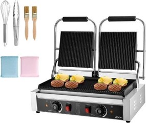 VEVOR Commerciële Contactgrill 3600W Elektrische Grill Sandwich Maker (Dubbele Bakplaten) RVS Panini Pers met Temperatuurregeling, 48 x 23 cm Gegroefde Emaille Plaat voor Hamburger Steak Bacon