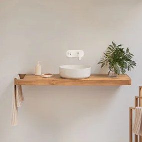 Conjunto Van Meubel 130x45 Cm Hangend In Teakhout Neill Teakhout & Rond Keramiek Wit Ø40 Cm Lenka & Spiegelloze & Wit Ingebed Met Aftapkraan - Sklum