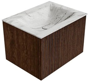 Mondiaz Kurve-dlux 60cm badmeubel walnut met 1 lade en wastafel cloud midden 1 kraangat glace