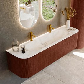 Mondiaz Kurve-dlux 170cm badmeubel ronding links/rechts ruby met 1 lade en 2 deuren en wastafel big large midden 2 kraangaten frappe