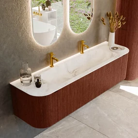 Mondiaz Kurve-dlux 170cm badmeubel ronding links/rechts ruby met 1 lade en 2 deuren en wastafel big large midden 2 kraangaten frappe