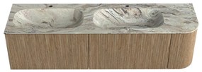 Mondiaz Kurve-dlux 165cm badmeubel ronding rechts dusk met 2 lades en 1 deur en wastafel stor small dubbel/links 2 kraangaten glace