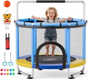 VEVOR Mini Trampoline voor Kinderen met Stuur, Veiligheidsnet, Blauw, 150 cm Buitentrampoline voor in de tuin met Basketbalring, Basketbal en Boksbal voor Kinderen, Kerst- of Verjaardagscadeau