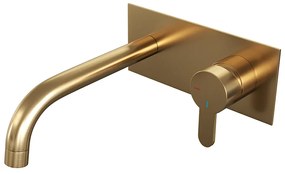 Brauer Gold Edition ColdStart wastafelkraan inbouw gebogen uitloop met achterplaat model D1 geborsteld messing PVD