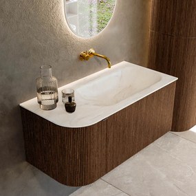 Mondiaz Kurve-dlux 95cm badmeubel ronding links walnut met 1 lade en deur en wastafel big small rechts zonder kraangat ostra