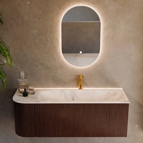 Mondiaz Kurve-dlux 125cm badmeubel ronding links ruby met 1 lade en deur en wastafel big medium kraangat rechts frappe