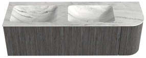 Mondiaz Kurve-dlux 145cm badmeubel ronding rechts shadow met 1 lade en deur en wastafel leaf dubbel/links zonder kraangat opalo