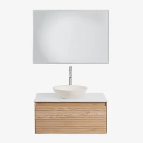 Tedrik Badkamermeubelset In Essenhout Ash Brown & Rond Cement Wit Ø40 Cm Zavion & Rechthoekige Led En Anticondens 100x70 Cm Tamsin & - Sklum