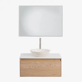 Tedrik Zwevend Badkamermeubelset 80x50 Cm In Essenhout Ash Brown & Rond Cement Wit Ø40 Cm Zavion & Rechthoekige Led En Anticondens 100x70 Cm Riben -