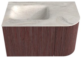 Mondiaz Kurve-dlux 75cm badmeubel ronding rechts ruby met 1 lade en deur en wastafel grunne links zonder kraangat ostra