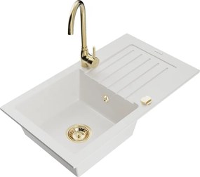 Mexen Pablo granieten spoelbak 1-komorig met afdruiprek en keukenkraan Telma, wit - 6510-20-670200-50