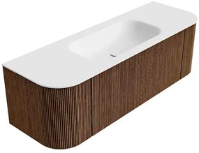 Mondiaz Kurve 140cm badmeubel ronding links/rechts walnut met 1 lade en 2 deuren en wastafel big small midden zonder kraangat