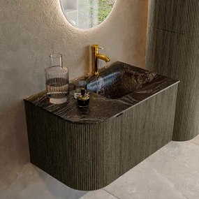 Mondiaz Kurve-dlux 75cm badmeubel ronding links shadow met 1 lade en deur en wastafel grunne kraangat rechts lava