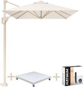 Voyager T1 zweefparasol 250x250 cm sandstone Ivory met zandkleur 90kg voet en hoes