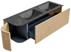 Mondiaz Kurve-dlux 145cm badmeubel ronding links oak met 1 lade en deur en wastafel leaf dubbel/rechts zonder kraangat lava