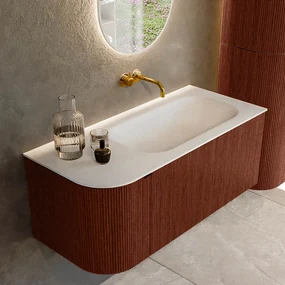 Mondiaz Kurve 105cm badmeubel ronding links ruby met 1 lade en deur en wastafel big small rechts zonder kraangat