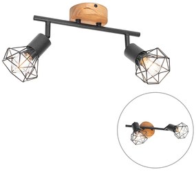 Spot / Opbouwspot / Plafondspot zwart met hout draai- en kantelbaar 2-lichts - Mosh Industriele / Industrie / Industrial E14 Binnenverlichting Lamp