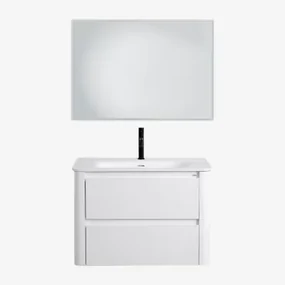 Badkamermeubelset In Hout Met Geïntegreerde Wastafel Egerton Wit & Rechthoekige Led En Anticondens 100x70 Cm Tamsin & Zwart ↑20 - Sklum