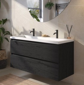 Saqu Gaia badmeubel incl. glans witte wastafel met 2 kraangaten 120x52x64cm eiken zwart – zwarte greeplijst