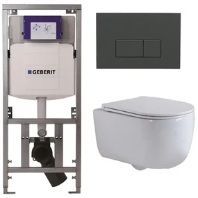 QeramiQ Dely Swirl Toiletset - 36.3x51.7cm - Geberit UP320 Burda inbouwreservoir - slimzitting - bedieningsplaat antraciet mat - rechthoekige knoppen - wit mat 0701131/SW1102377/SW1000766/SW1026257