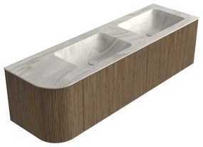 Mondiaz Kurve-dlux 155cm badmeubel ronding links dusk met 2 lades en 1 deur en wastafel leaf dubbel/rechts zonder kraangat ostra