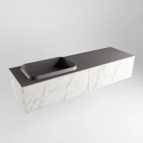 Mondiaz Erin 150cm badmeubel Carrara met 2 lades en donkergrijze wastafel links zonder kraangaten