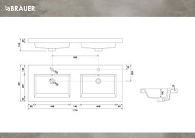 Brauer Solar Medium dubbele wastafel mineraalmarmer 120cm met 2 kraangaten wit mat