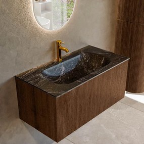 Mondiaz Kurve-dlux 90cm badmeubel walnut met 1 lade en wastafel big small midden 1 kraangat lava