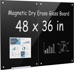 VEVOR Magnetisch Whiteboard 90x60 cm Wandmontage Magnetisch Bord 2-pack Zwart, Kantoor School Klaslokaal Thuisonderwijs Frameloos 4,3 mm Dik Veiligheidsglas incl. Markers, Magneten, Spons
