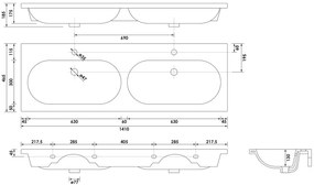 Brauer Moon dubbele wastafel keramiek 140cm met 2 kraangaten wit glans