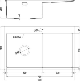 Mexen Exar 1-compartiment roestvrijstalen spoelbak met afdruiprek, links 780 x 480 mm, inox - 6433781010L-01