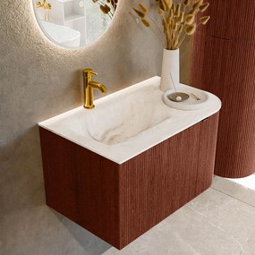Mondiaz Kurve-dlux 75cm badmeubel ronding rechts ruby met 1 lade en deur en wastafel grunne kraangat links frappe