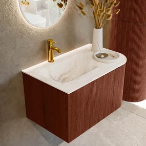 Mondiaz Kurve-dlux 75cm badmeubel ronding rechts ruby met 1 lade en deur en wastafel grunne kraangat links frappe