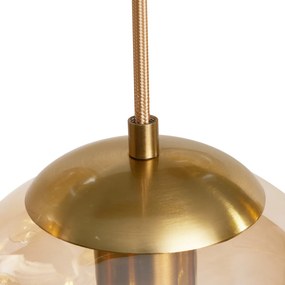 Art deco hanglamp messing met ovale plafondplaat en amber glas 6-lichts - Douglass