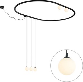 Modern ovaal railsysteem zwart met 3 hanglampen en 2 plafondlampen wit 1-fase - Iconic Perle