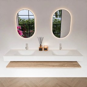 Zaro Alan badmeubel 180cm met planchet washed oak en vrijhangende wastafel cloud dubbel 2 kraangaten talc