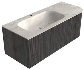 Mondiaz Kurve-dlux 115cm badmeubel ronding rechts shadow met 1 lade en deur en wastafel big small kraangat links ostra