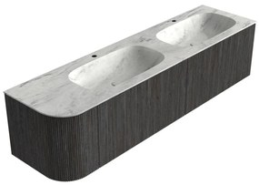 Mondiaz Kurve-dlux 175cm badmeubel ronding links shadow met 2 lades en 1 deur en wastafel stor small dubbel/rechts 2 kraangaten opalo